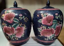 WBI Chinese Ginger Jar Set Blue Pink Flowers Gold Trim 80's 90's 10.5