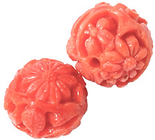 2 Antique Molded Floral Beads Size 12mm Hand Crafted Coral Color Glass Beads picture