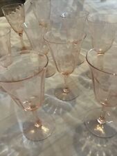 (11)Vintage Pink Tiffin Franciscan Glass Optic Cut LEAF Etched Goblets 1930s picture