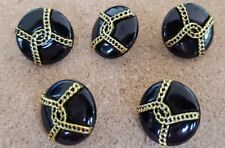 5 Beautiful Vintage Black 18mm Buttons with Intertwining Gold Rope Chain Accent picture