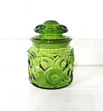 Vintage LE Smith Glass MOON AND STARS 5” GREEN Small Canister Jar W/Lid picture