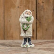 Primitive Whimsical Ivory & Glitter Santa Claus Figure with Wreath & Tree 8.5