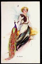 Court Barber Illustrated Postcard 1900's Lady With Fan Sitting By Peacock picture