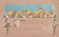 Vintage Good Wishes At Easter Postcard 1924 Row of Young Yellow Baby Chicks picture