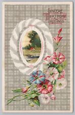 Greetings~Multi-Colored Morning Glories & Home @ River Birthday~Vintage Postcard picture