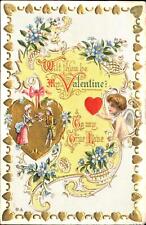 Be My Valentine ~Cupid Colonial man woman~beautiful fancy heart border 1913 PPIE picture