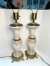 LARGE Pair Vintage Hand Painted Pink Gold Ormolu Brass Enamel Table Lamps 39” picture