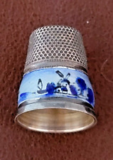 Vintage Sterling Enamel Delft Windmill Scene Thimble Signed Size 6 Germany Dutch picture