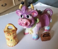 Thames Vintage Japan PURPLE COW SALT and & PEPPER SHAKERS Ceramic Some Damage picture