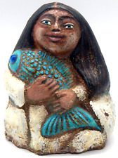 Terracota Clay Art Pottery Embellished Painted Heavy Woman Holding Fish Figurine picture