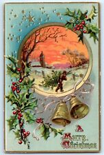 1908 Tuck's Christmas Bells Stars Snow Holly Gilt Highlights Embossed Postcard  picture