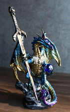 Blue Metallic Ice Knight Dragon With Orb and Gothic Sword Letter Opener Figurine picture