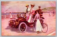 Postcard A Seaside Run Woman Driving Antique Car Old Bicycle Carriage Lights UDB picture