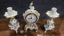 Antique Dresden Set Of Clock And Candlesticks shelf table flowers roses gold picture