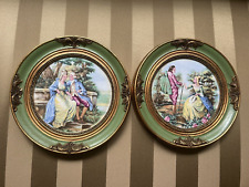 ANTIQUE PAIR PORCELAIN HAND PAINTED PLAQUES GILDED FRAME COURTING SCENE picture