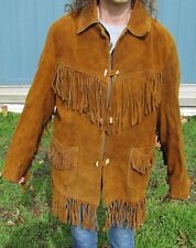 Vintage 70's HEAVY Brown Suede Leather Coat FRINGE Cowboy Western Yellowstone picture