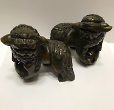 Vintage pair Asian hand carved wood foo dogs guardian lions picture