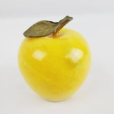 Vintage Golden Yellow Alabaster Apple Paperweight Marble Brass Stem Leaf Adult's picture