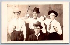 Young Dandies In Derby Hats & Ties Pose w/ Foamy Beer Glasses~Cigar~c1910 RPPC picture