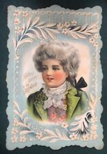  antique victorian EMBOSSED UNUSED VALENTINE CARD PAPER boy with wig picture
