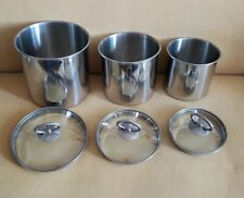 Vtg Set of 3 Kitchen Stainless Steel Canister w Glass Lid Tops picture