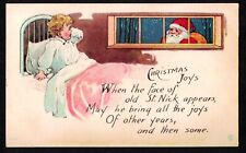 6302 Antique Vintage Postcard CHRISTMAS JOYS Santa Claus Window Child Pink Bed picture