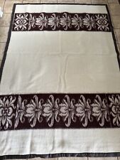 Vtg Unique  Ivory W/Brown Floral  Heavy Wool Blanket Satin Trim No Tag 89x64 picture