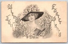Loving Easter Wishes~Lady W/ Flower Hat & Book~B&W~PM 1913~Vintage Postcard picture