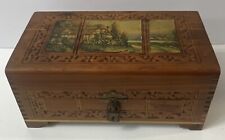Vintage Engraved Wooden Jewelry Box w/ Mirror — Cottage Mountain Country Scene picture