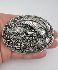 Vtg Navajo Sterling Silver 3D Stamped Feather & Flower Belt Buckle 3 3/8