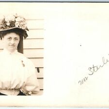 c1910 Sterling, Illinois Woman w/ Flower Hat Corset RPPC Real Photo Postcard A36 picture