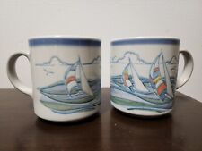 Etched Sailboat Coffee Mug Colorful Nautical Set Of 2 picture