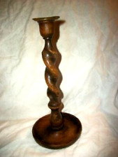 ANTIQUE ENGLISH OAK BARLEY TWIST CANDLE HOLDER BRASS CUP 1890s VICTORIAN picture