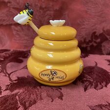 Ceramic Honey Miel Lidded Beehive Pot Jar Container w/Bumble Bee Honey Dipper  picture