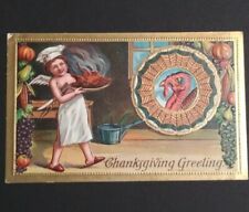 Thanksgiving Greetings Angel Serving Turkey Embossed 1909 Antique Postcard picture