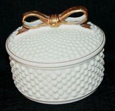 VTG White Gold Detail Hobnail Powder Cover Vanity Dresser Bow Accent FLAW-WRC picture