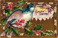 1909 Happy New Year Bird Mistletoe Portsmouth Virginia Stamp Embossed Postcard picture