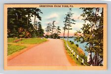 York PA-Pennsylvania, Greetings, Scenic Lake & Roadway View, Vintage Postcard picture