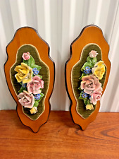 Vtg Mid Century Pair Capodimonte Porcelain Flowers Wall Decor Made in Italy picture