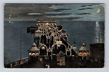 Brighton England, Palace Pier at Night, Amusement Park, Vintage c1910 Postcard picture