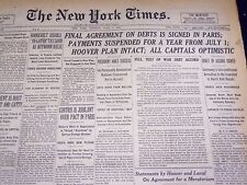 1931 JULY 7 NEW YORK TIMES - FINAL AGREEMENT ON DEBTS SIGNED IN PARIS - NT 2217 picture