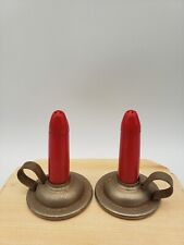 Vintage Mini Salt & Pepper Shakers Red Candle Sticks Holders, Metal Base Holiday picture