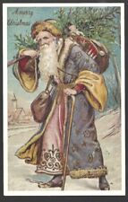 Old World SANTA Coat PURPLE Pink Gold Trim Sack TOYS—Antique Embossed Postcard picture