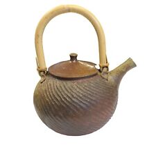 Studio Art Pottery Textured 2 Tone Glaze Teapot Bamboo Handle Signe Lowe 1997 picture