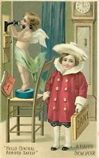 Embossed New Year Postcard Cupid on Telephone, Jan.1 Girl in Red Arrived Safely picture