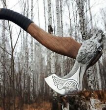 Custom Gift Hand Forged Wolf Head Carbon Steel Axe With  Leather Wrapped Handle picture