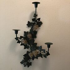 ANTIQUE VTG ITALIAN METAL TOLE GRAPES LEAVES SCONCE WALL CANDLE HOLDER picture