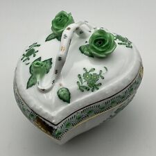 Vintage Herend Hungary Porcelain Heart Shaped Apponyi Green Trinket Box #6003 picture