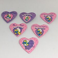 Vintage Set of 6 SMURFETTE HEART Pin-Back Buttons / 3 Pink / 3 Purple SMURF picture