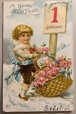 1907 Happy New Year Postcard Child Basket Roses Embossed Germany picture